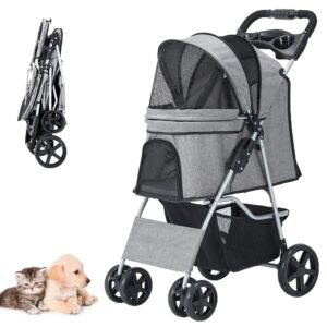 LPOTIUS Pet Stroller, Cat Dog Stroller for Medium Small Dog with Storage Basket Foldable Lightweight Dog Carrier Trolley, 4 Wheel, Gray