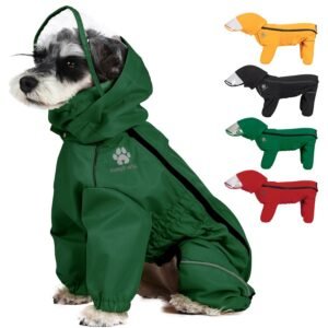 Lightweight Dog Jacket with Hood and Leash Hole, Waterproof with Reflective Strap and Pocket - Green Only, XXL