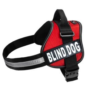 Doggie Stylz Blind Dog Vest Harness with Removable Patches and Reflective Trim. Comes with 2 Blind Dog Reflective Hook and Loop Patches. Measure Dogs Girth Before Purchase (Girth 14”- 18" Red)