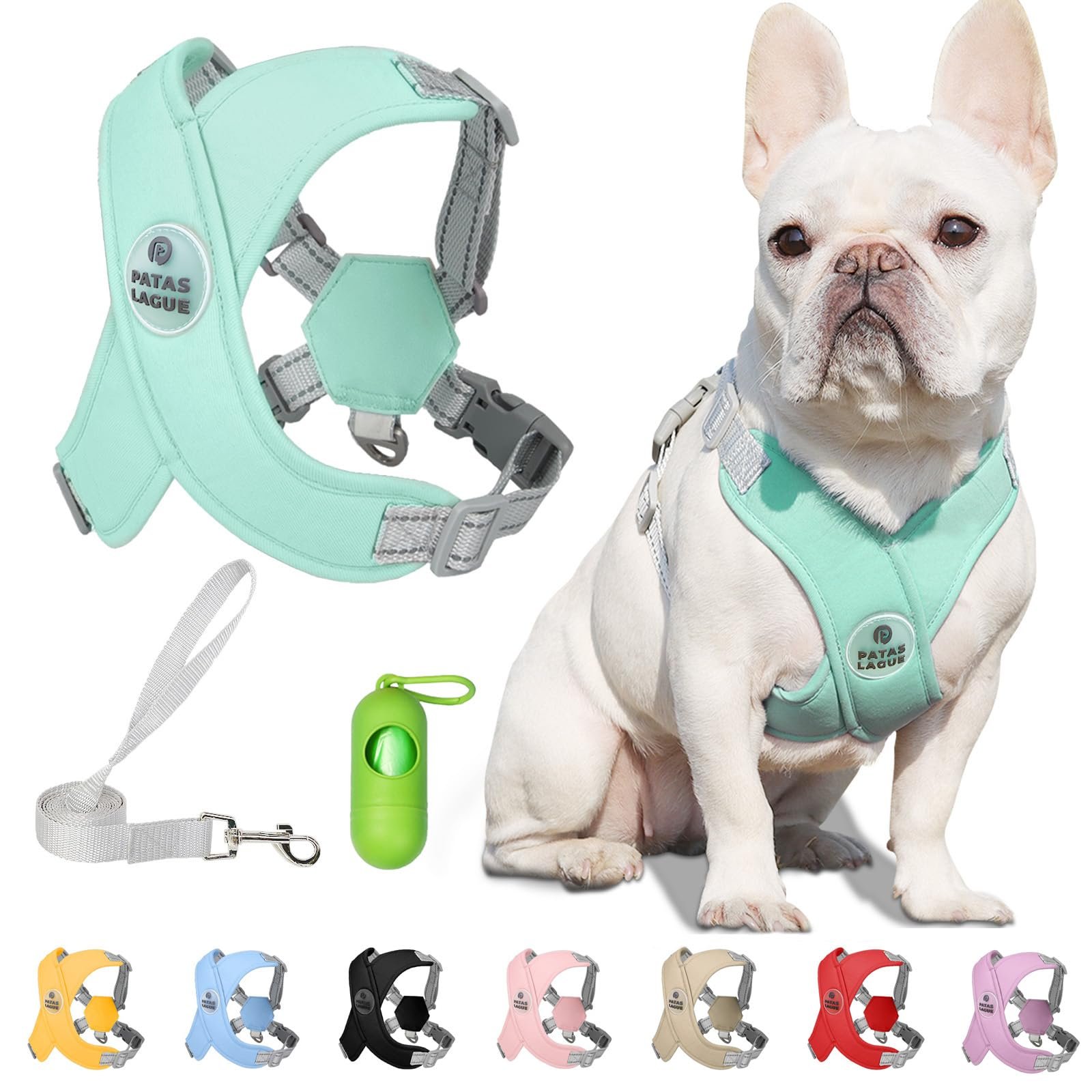 Patas Lague Dog Harness with Leash Set Adjustable Soft Padded Step-in Dog Vest No Choke No Pull Reflective for Small Medium Pets with Poop Bags and Dispenser, Solid and No-chew, Green S