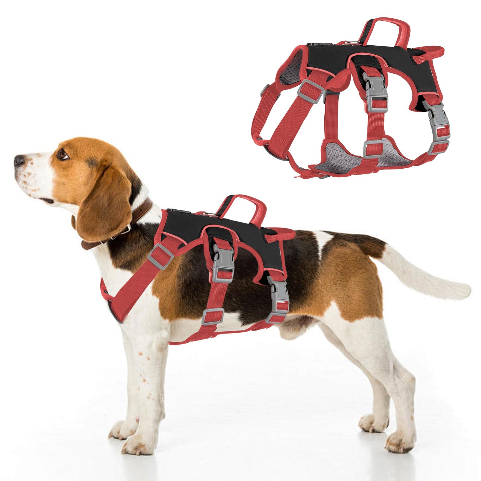 Escape Proof Dog Harness, No Pull Reflective Adjustable Vest with Easy Control Lift Handle, No Choke Soft Padded Breathable Full Body Pet Harness for Walking Hiking and Training (Red, Large)
