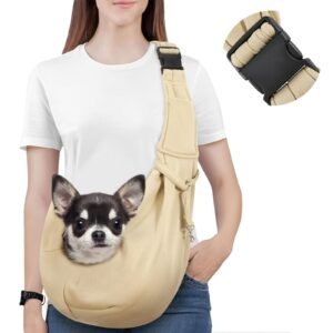Pawaboo Small Dog Sling Carrier, Reversible Hands Free Dog Sling Carrier for Small Dogs and Cats, Puppy Sling Carrier with Adjustable Strap Buckle & Safety Harness, Puppy Essentials, Khaki