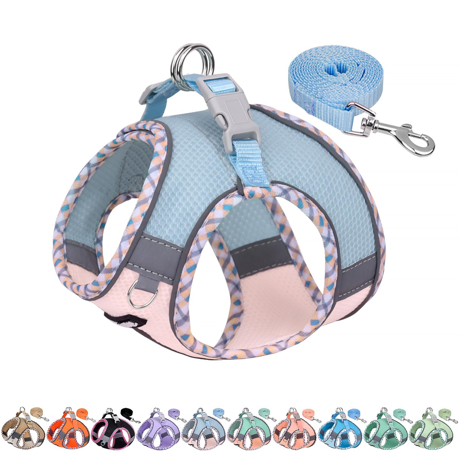 AIITLE XXS Dog Harness & Leash Set - Breathable Reflective No-Choke Small Dog Harness for Teacup Puppies, Indoor/Outdoor Use - Boston Terrier, Maltese, Chihuahua (Blue-Pink, XXS)
